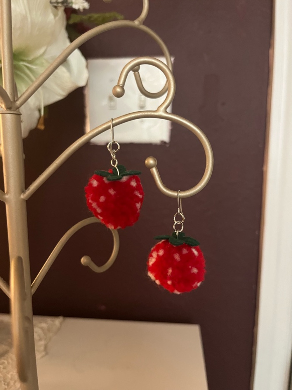 Strawberry Pom Pom Drop Earrings